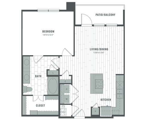 Floor plan for 1 bed, 1 bath, 818 sqft